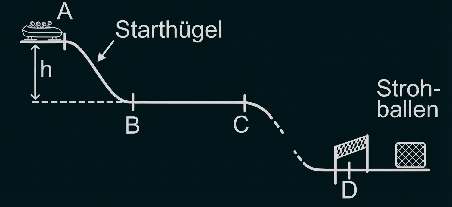 Fahrzeug auf Starthügel, Abhang mit Markierungen A–D und Strohballen am Ende